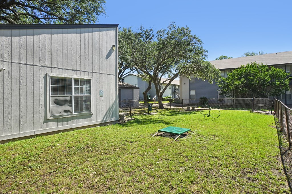 A backyard with a green lawn and a tree.