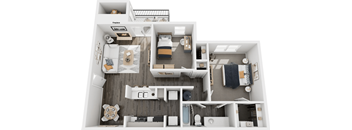 A top-down view of a small apartment with a kitchen, living room, and bedroom.