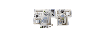 Two floor plans of a house with a central courtyard and a kitchen.