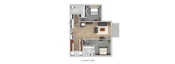 A floor plan of a house with a living room, kitchen, and two bedrooms.