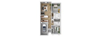 A floor plan of a small apartment with a kitchen, living room, and bathroom.