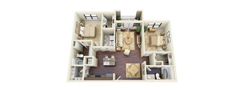A 3D floor plan of a house with a kitchen, living room, dining room, and bedrooms.