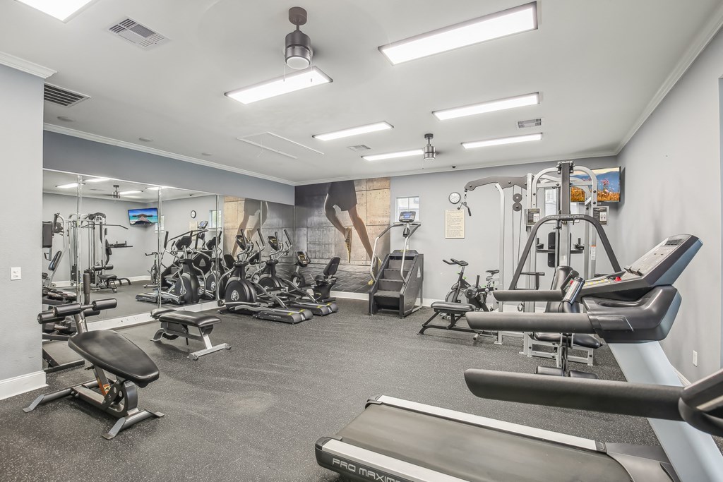 A well-equipped gym with various exercise machines and weights.
