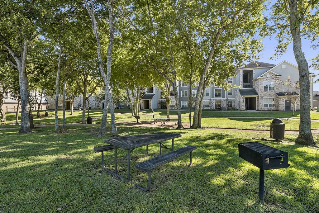 a park with a picnic table and a grill in front of a house