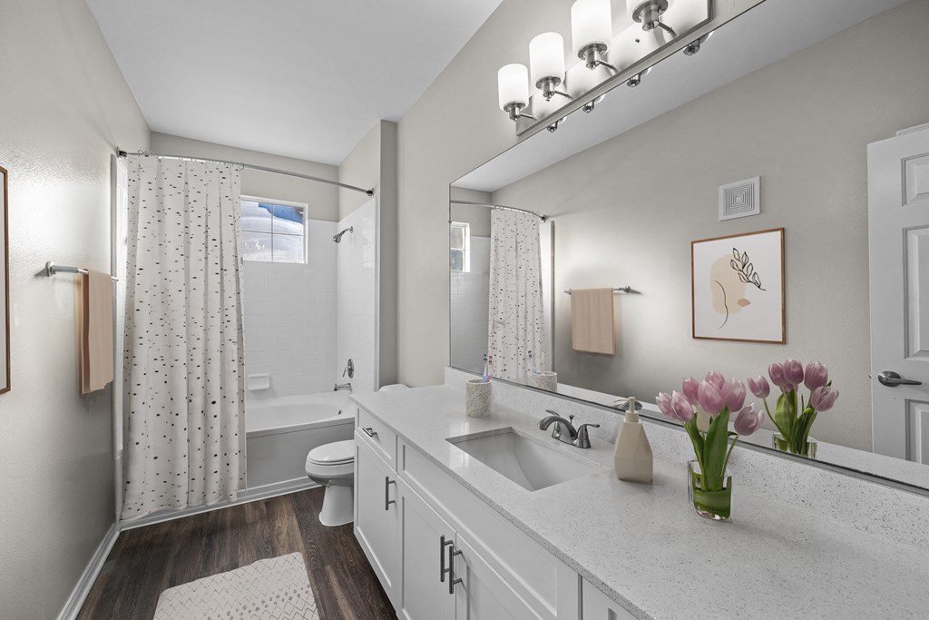 a white bathroom with a shower and a sink and a mirror