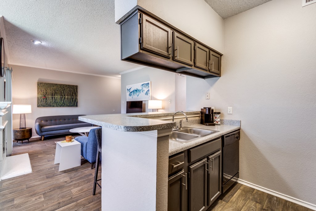 a kitchen with a sink and a counter top in a living room with a couch