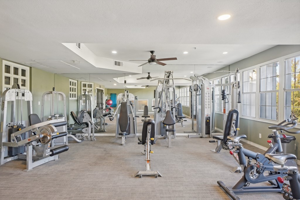 A spacious gym with a variety of equipment including treadmills, stationary bikes, and weight machines.