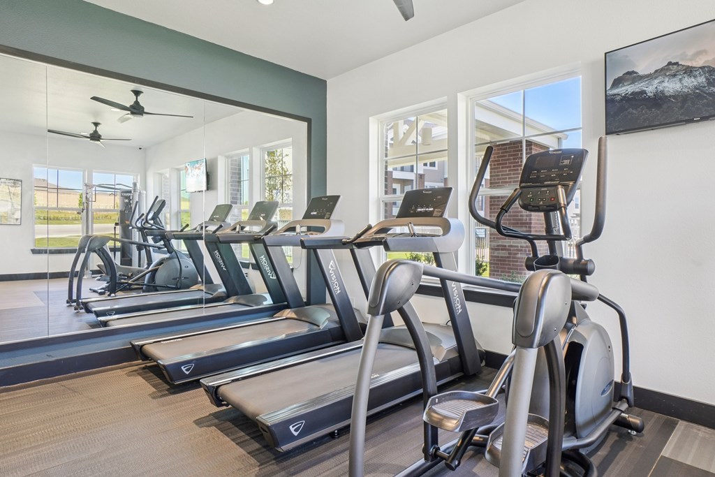 A gym with treadmills and a fan.