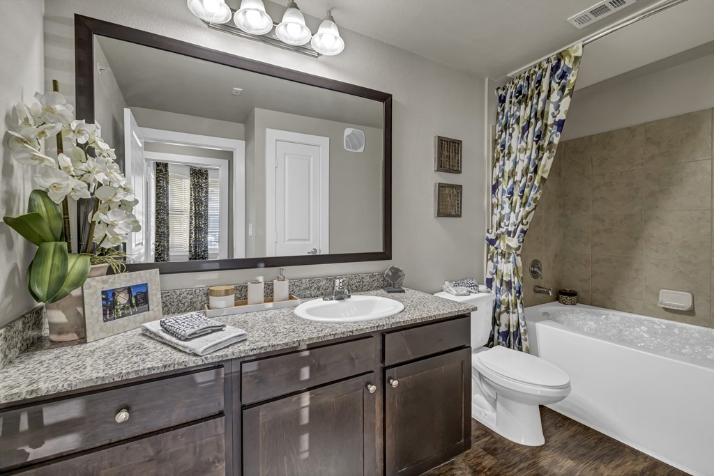a bathroom with a large mirror and a sink and a toilet