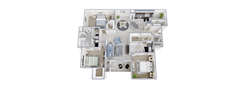 A detailed 3D floor plan of a house layout.