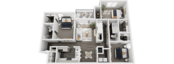 A top-down view of a small apartment layout with a kitchen, living room, and bedrooms.
