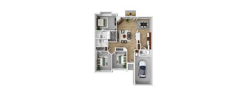A 3D floor plan of a house with a car garage.