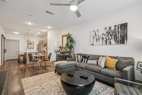 A modern living room with a grey couch and a coffee table.