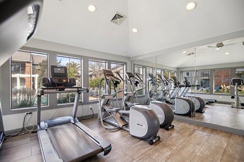 A gym with treadmills, elliptical machines and other exercise equipment.