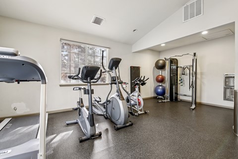 A well-equipped gym with treadmills, exercise bikes, and free weights.
