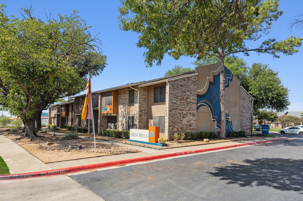a building with a flag in front of it