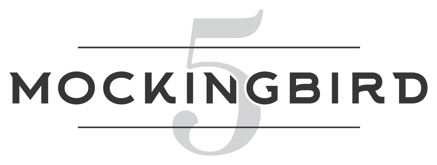 A black and white image with the number 5 and the words "MOCKINGBIRD" on it.