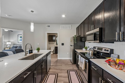 A modern kitchen with dark wood cabinets and a white countertop.