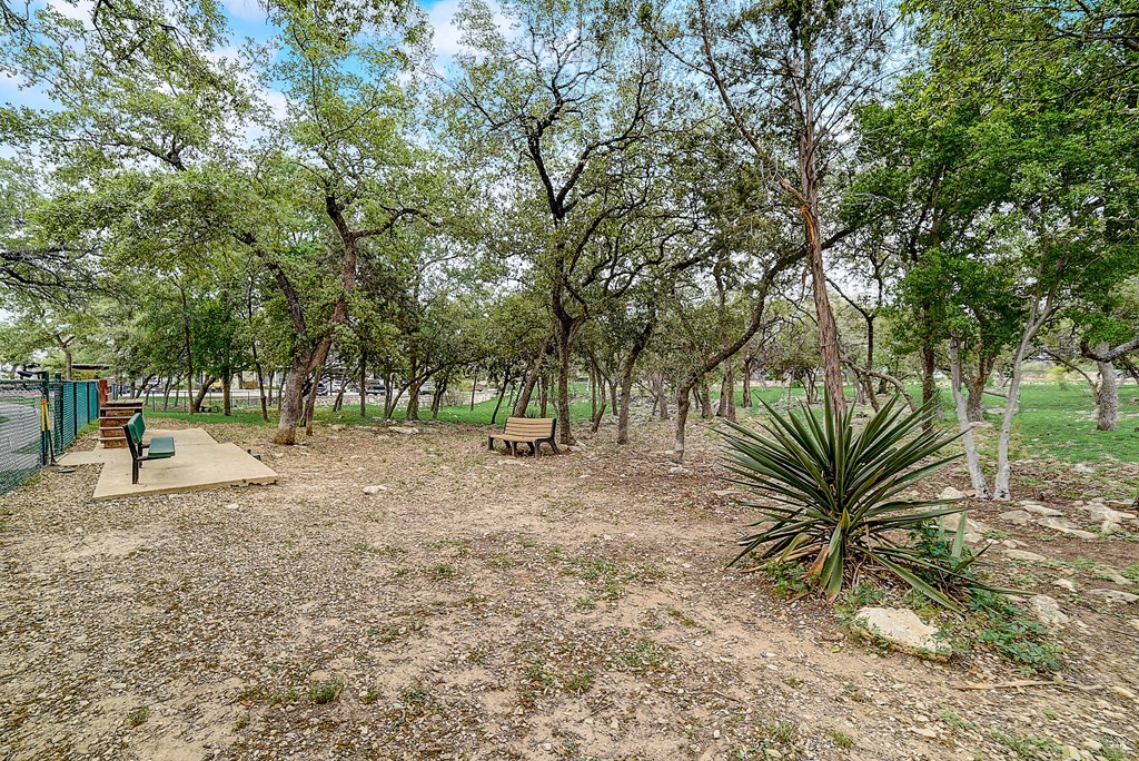 a park with trees benches and a fence