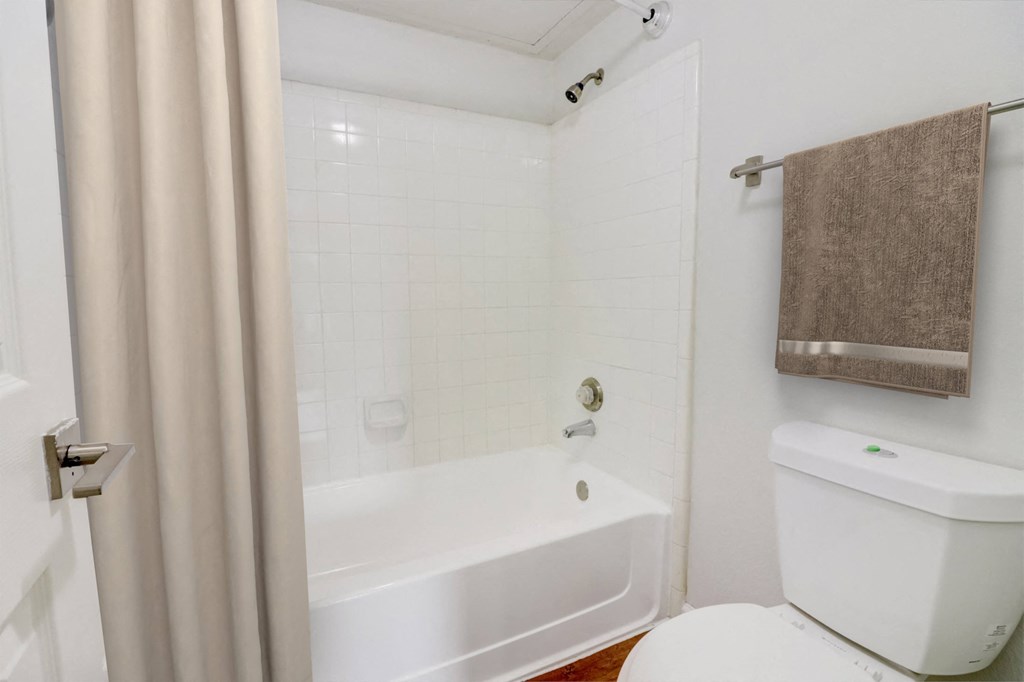 a bathroom with a tub and a toilet and a shower curtain