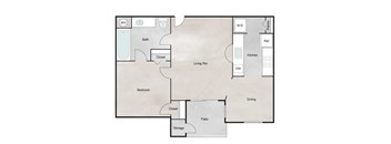 A floor plan of a house with a living room, dining room, kitchen, bedroom, bathroom, pantry, and storage.
