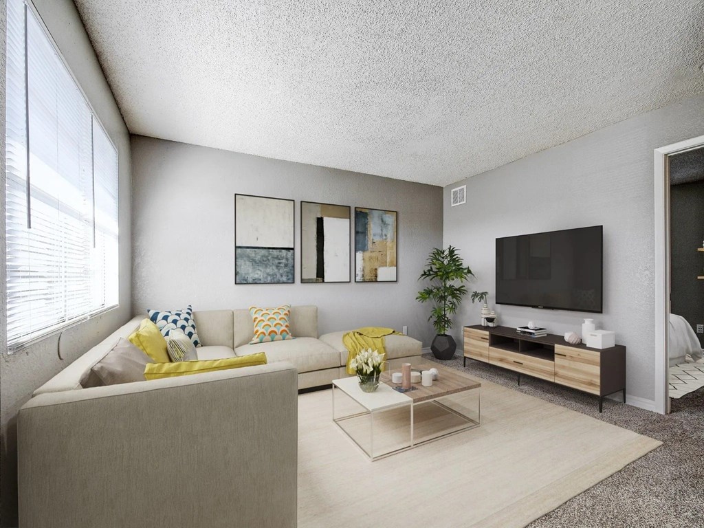 A living room with a grey couch, a coffee table, a television, and a plant.