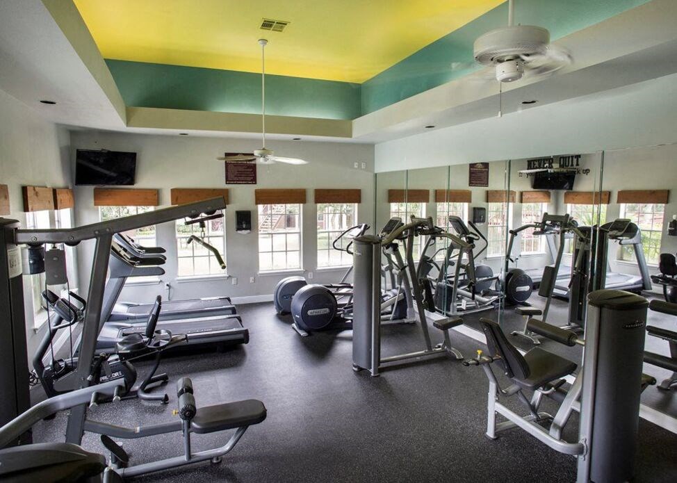 the gym has a variety of weights and cardio equipment