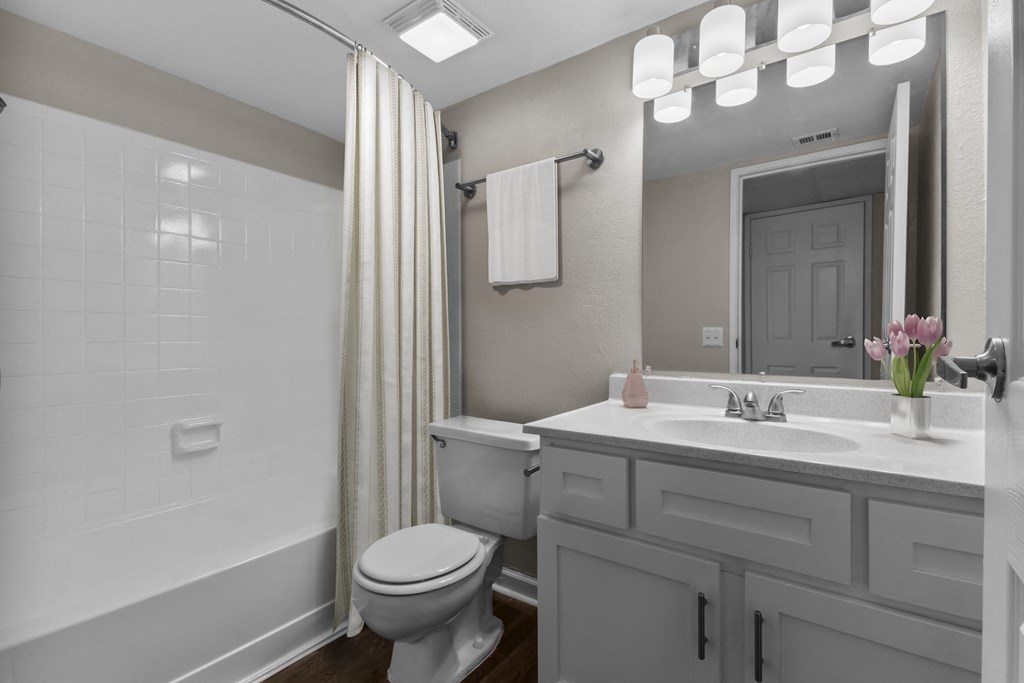 a bathroom with a toilet sink and shower and a mirror