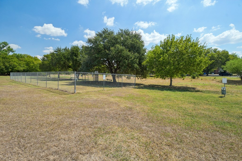 A fenced field with trees and a mailbox.