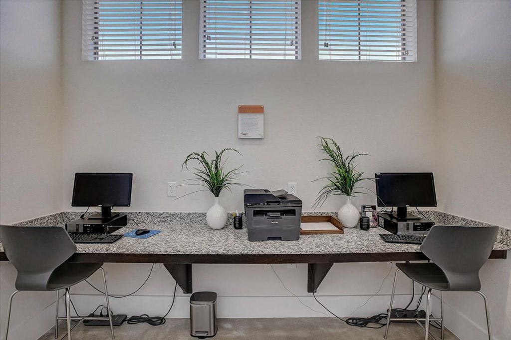 two desks with computers and plants in an office