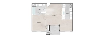 A floor plan of a house with a bedroom, bathroom, kitchen, dining area, and patio.