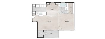 A floor plan of a house with a living room, dining room, kitchen, bedroom, bathroom, and storage area.