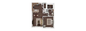 a stylized floor plan with a bedroom and living room
