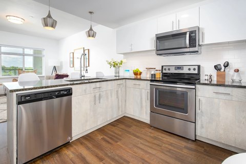 A modern kitchen with a stainless steel dishwasher and oven.