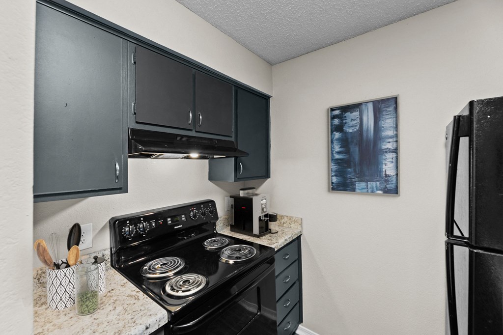 our apartments have a kitchen with black appliances and granite counter tops