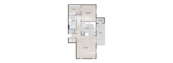 A floor plan of a house with a living room, kitchen, pantry, two bedrooms, two bathrooms, and a storage area.
