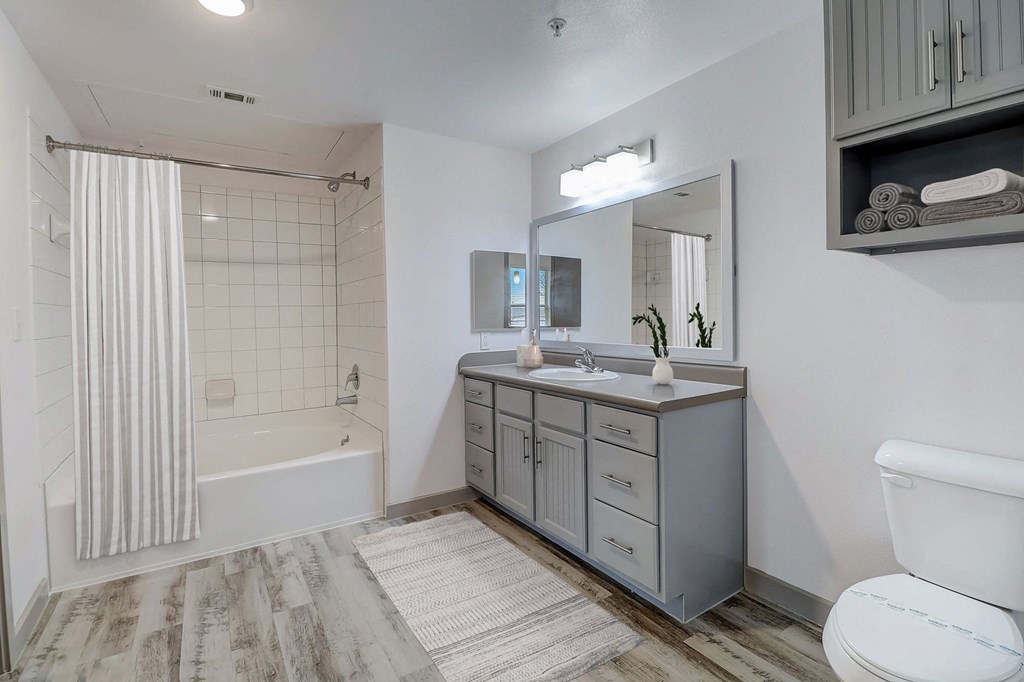a bathroom with a tub and a sink and a mirror