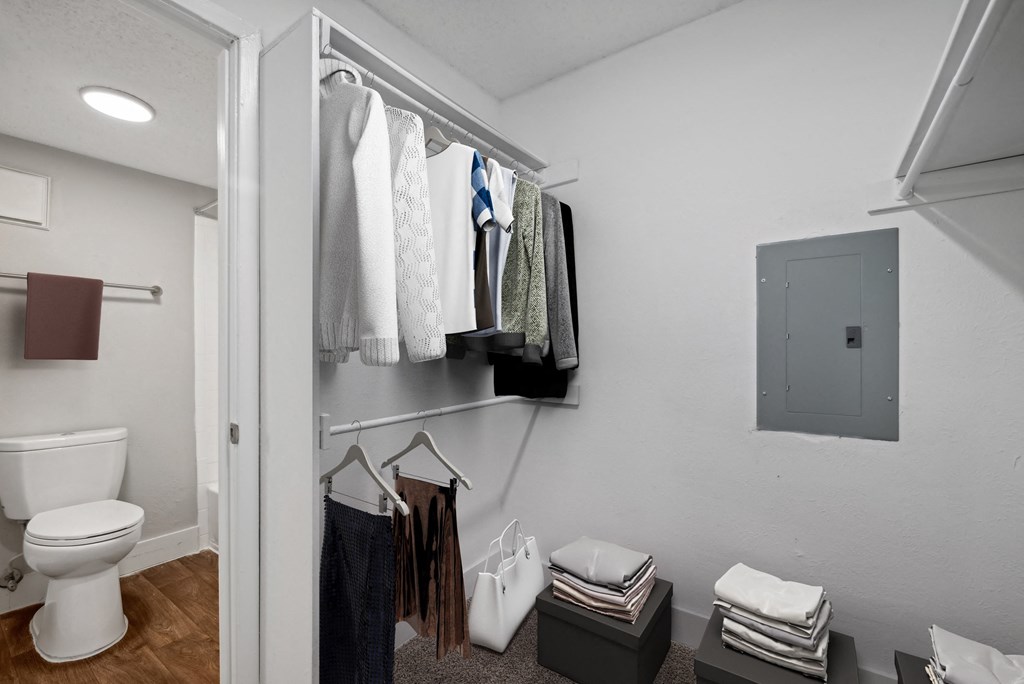 a bathroom with a toilet and a closet with clothes hanging on the wall