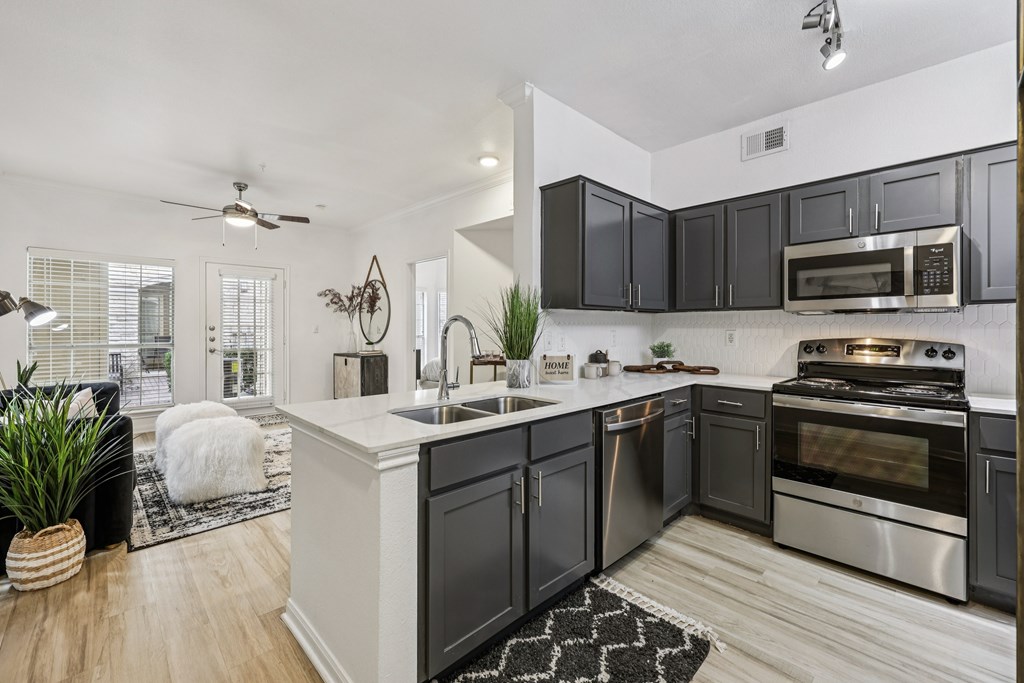 A modern kitchen with black cabinets and stainless steel appliances.