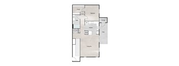 A floor plan of a house with a living room, kitchen, pantry, bathroom, two closets, a bedroom, and storage.