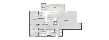 A floor plan of a house with a study, bedroom, kitchen, living room, bathroom and closets.
