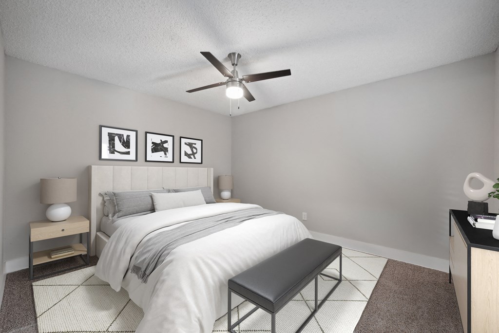 rendering of a bedroom with a bed and a ceiling fan