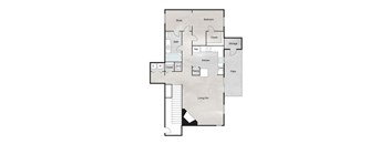 A floor plan of a house with a living room, kitchen, bedroom, and bathroom.