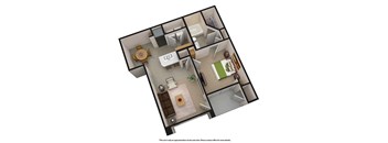 A 3D floor plan of a house with a kitchen, living room, and bathroom.
