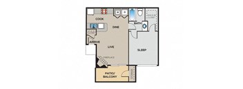 A floor plan of a house with a kitchen, dining area, living room, bedrooms, bathroom, and a patio.