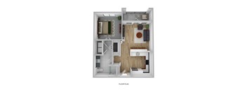 a stylized 3d floor plan of a house with a bedroom and living room
