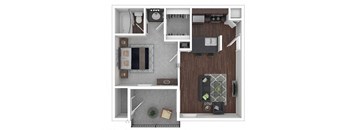 A top-down view of a small apartment layout with a kitchen, living room, and bathroom.