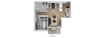 a stylized floor plan of a bedroom with a living room