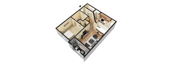 A 3D floor plan of a house with a kitchen, living room, and bedrooms.