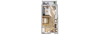 A top-down view of a room with a living area, kitchen, and bathroom.